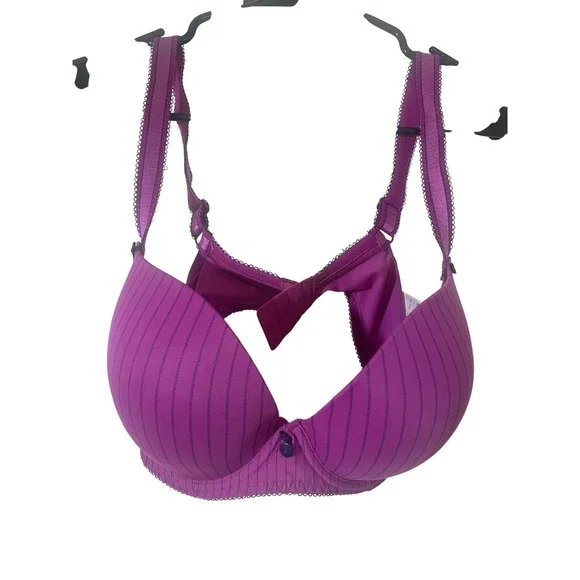 Freya 32F Deco Hattie Underwire Moulded Plunge Bra Purple Striped EUC - Picture 2 of 9